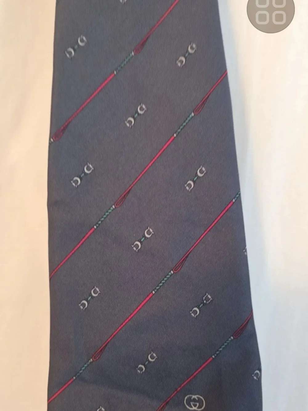 Gucci Navy Silk Tie with Red and Green Equestrian Stitch Motif